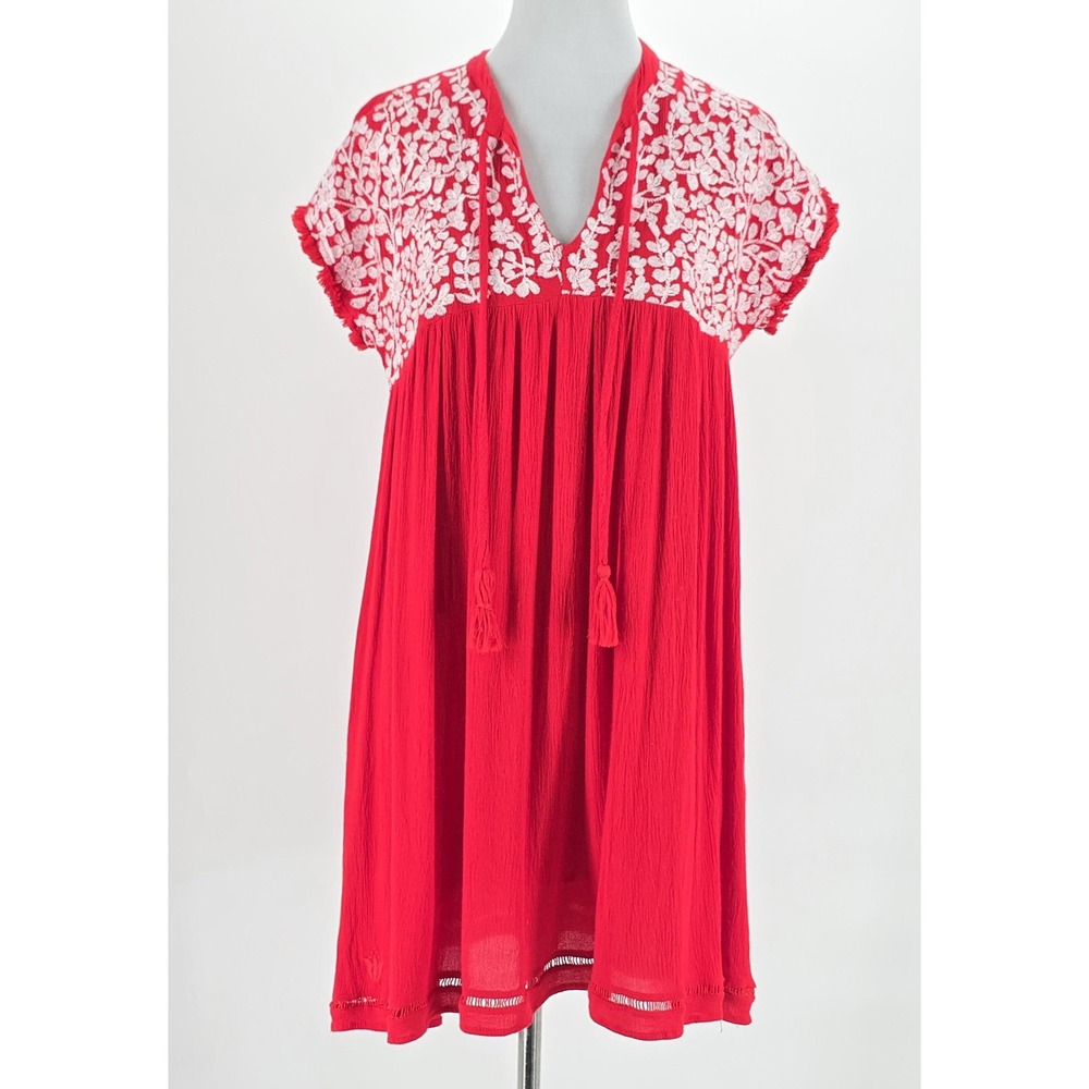 J. Marie Embroidered Boho Peasant Dress XS Cottagecore Babydoll Festival Red